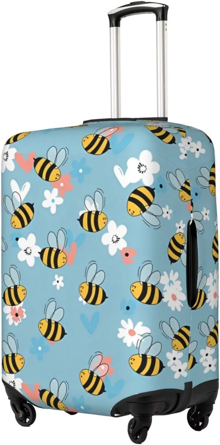 Travel Luggage Cover Suitcase Elastic Washable Stretch Cute Bees On Floral Suitcase Protector Bag,Anti-Scratch Spandex Double-Sided Baggage Covers For Wheeled Suitcase Kid Adult