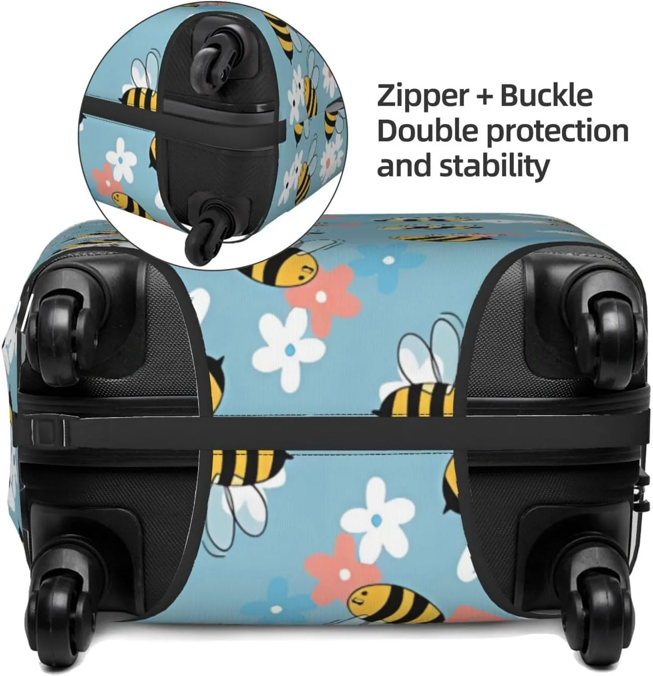 Travel Luggage Cover Suitcase Elastic Washable Stretch Cute Bees On Floral Suitcase Protector Bag,Anti-Scratch Spandex Double-Sided Baggage Covers For Wheeled Suitcase Kid Adult