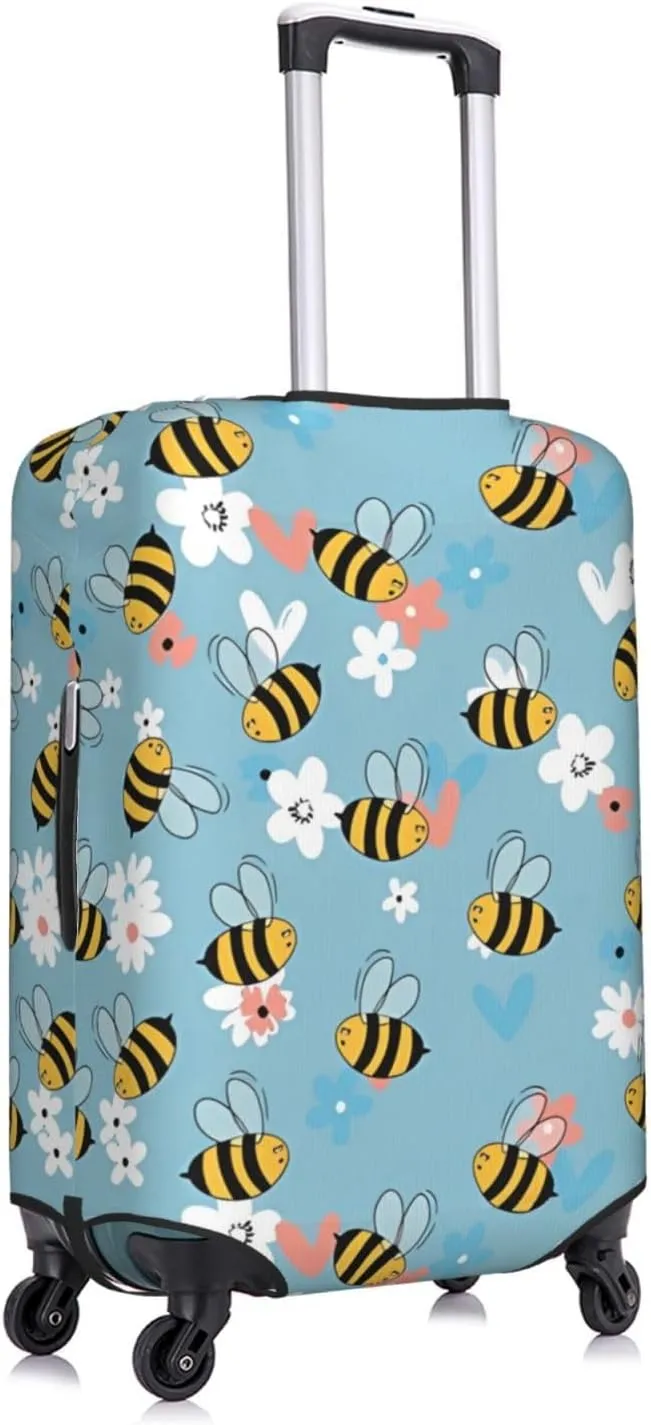 Travel Luggage Cover Suitcase Elastic Washable Stretch Cute Bees On Floral Suitcase Protector Bag,Anti-Scratch Spandex Double-Sided Baggage Covers For Wheeled Suitcase Kid Adult