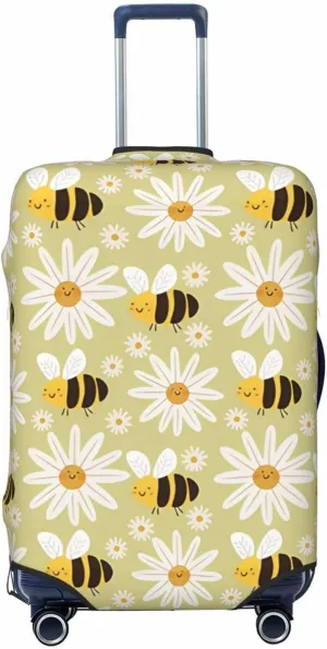 Travel Luggage Cover Suitcase Elastic Washable Stretch Cute Flowers Bees Yellow Suitcase Protector Bag,Anti-Scratch Spandex With Zipper Closure Baggage Covers For Wheeled Suitcase Kid Adult