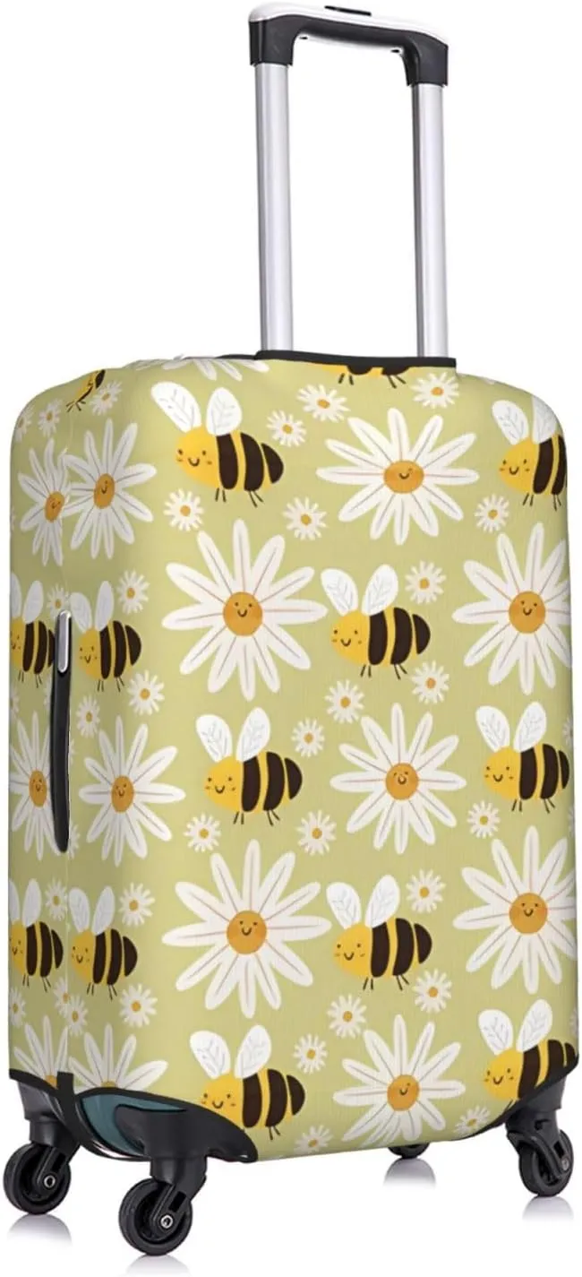 Travel Luggage Cover Suitcase Elastic Washable Stretch Cute Flowers Bees Yellow Suitcase Protector Bag,Anti-Scratch Spandex With Zipper Closure Baggage Covers For Wheeled Suitcase Kid Adult