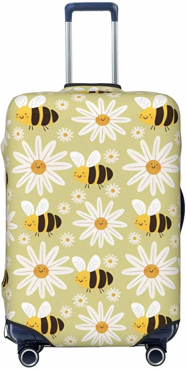 Travel Luggage Cover Suitcase Elastic Washable Stretch Cute Flowers Bees Yellow Suitcase Protector Bag,Anti-Scratch Spandex With Zipper Closure Baggage Covers For Wheeled Suitcase Kid Adult