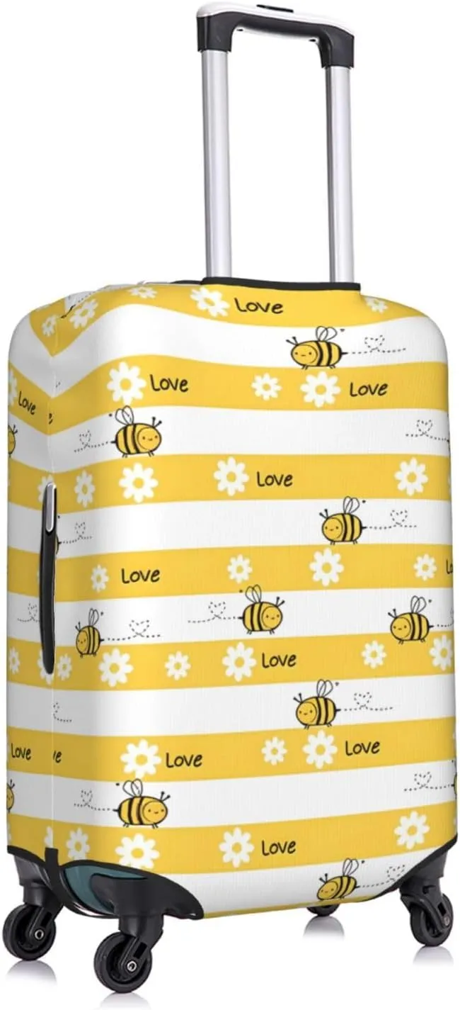 Travel Luggage Cover Suitcase Elastic Washable Stretch Daisy Flower Bees Yellow Striped Suitcase Protector Bag,Anti-Scratch Spandex Double-Sided Baggage Covers For Wheeled Suitcase Kid Adult