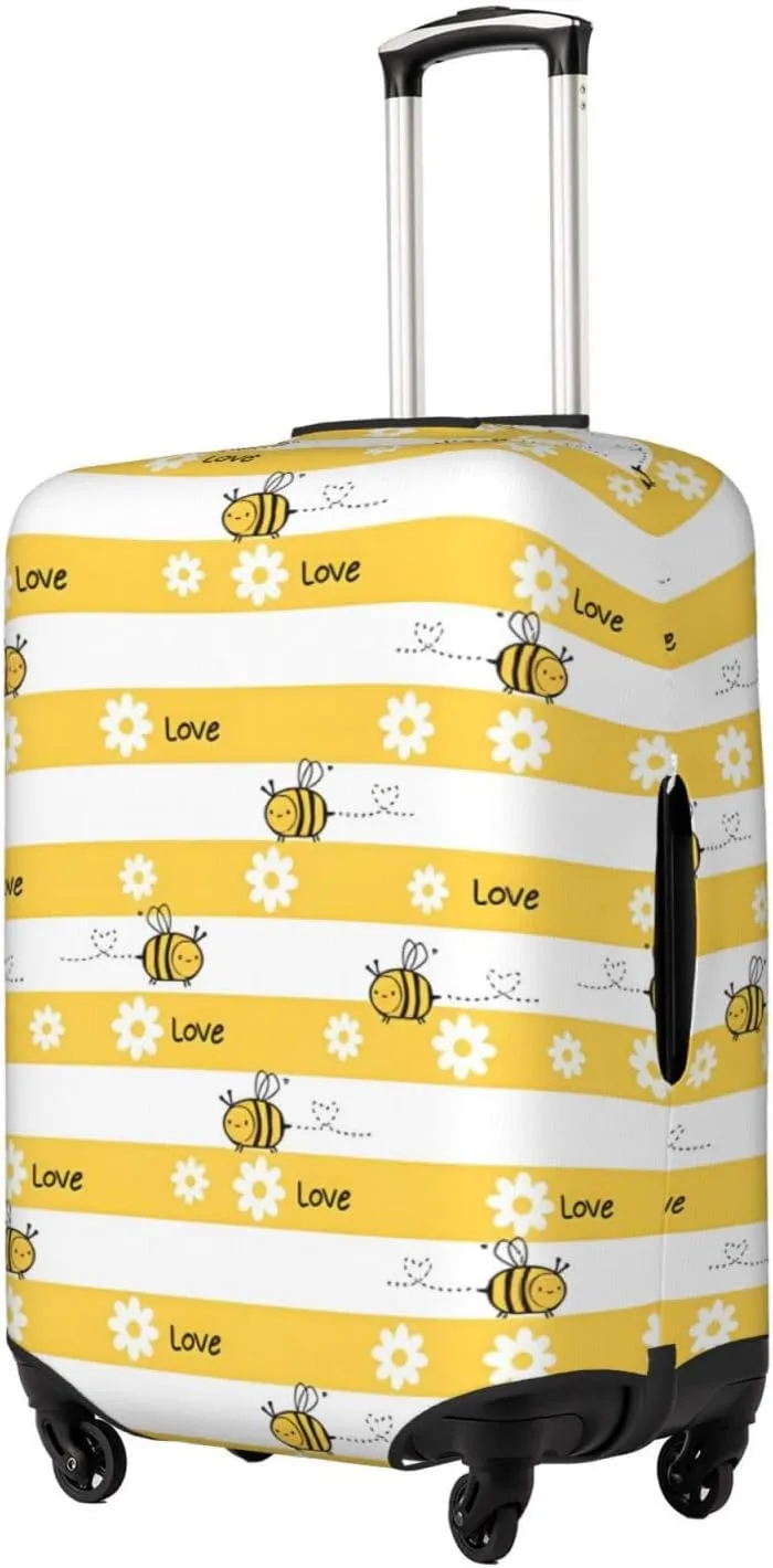 Travel Luggage Cover Suitcase Elastic Washable Stretch Daisy Flower Bees Yellow Striped Suitcase Protector Bag,Anti-Scratch Spandex Double-Sided Baggage Covers For Wheeled Suitcase Kid Adult