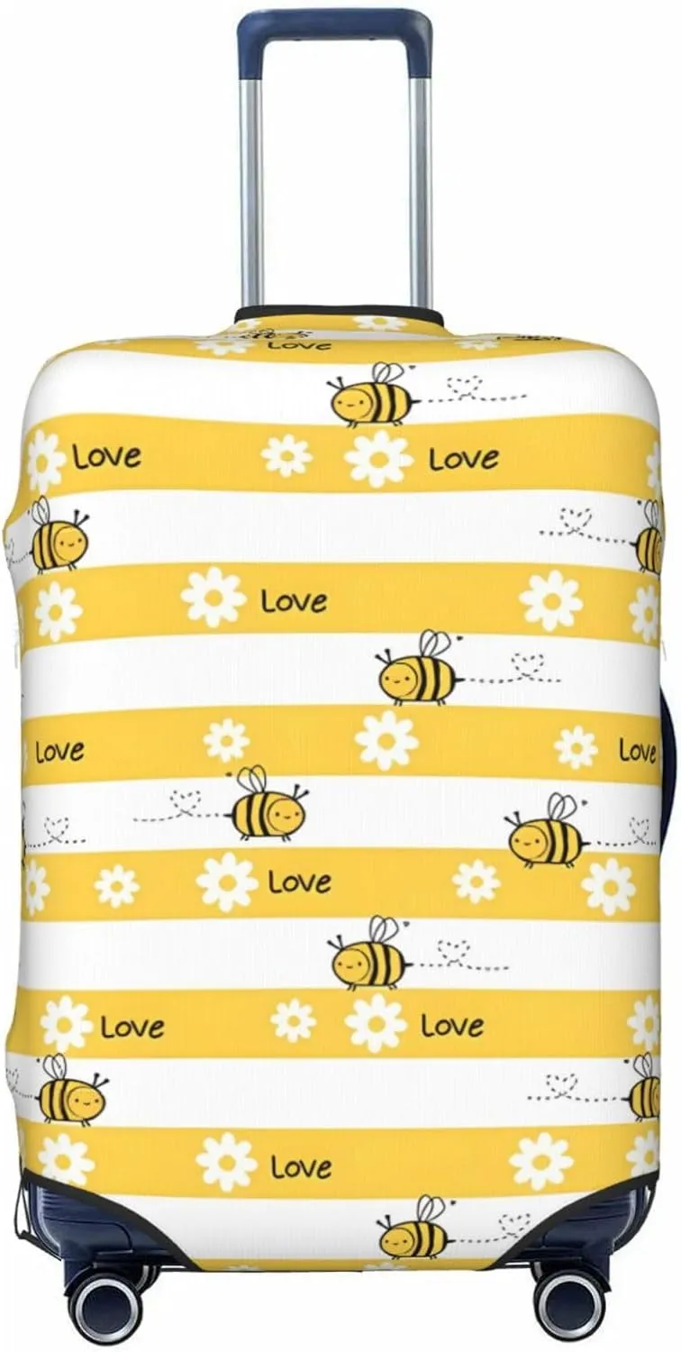 Travel Luggage Cover Suitcase Elastic Washable Stretch Daisy Flower Bees Yellow Striped Suitcase Protector Bag,Anti-Scratch Spandex Double-Sided Baggage Covers For Wheeled Suitcase Kid Adult
