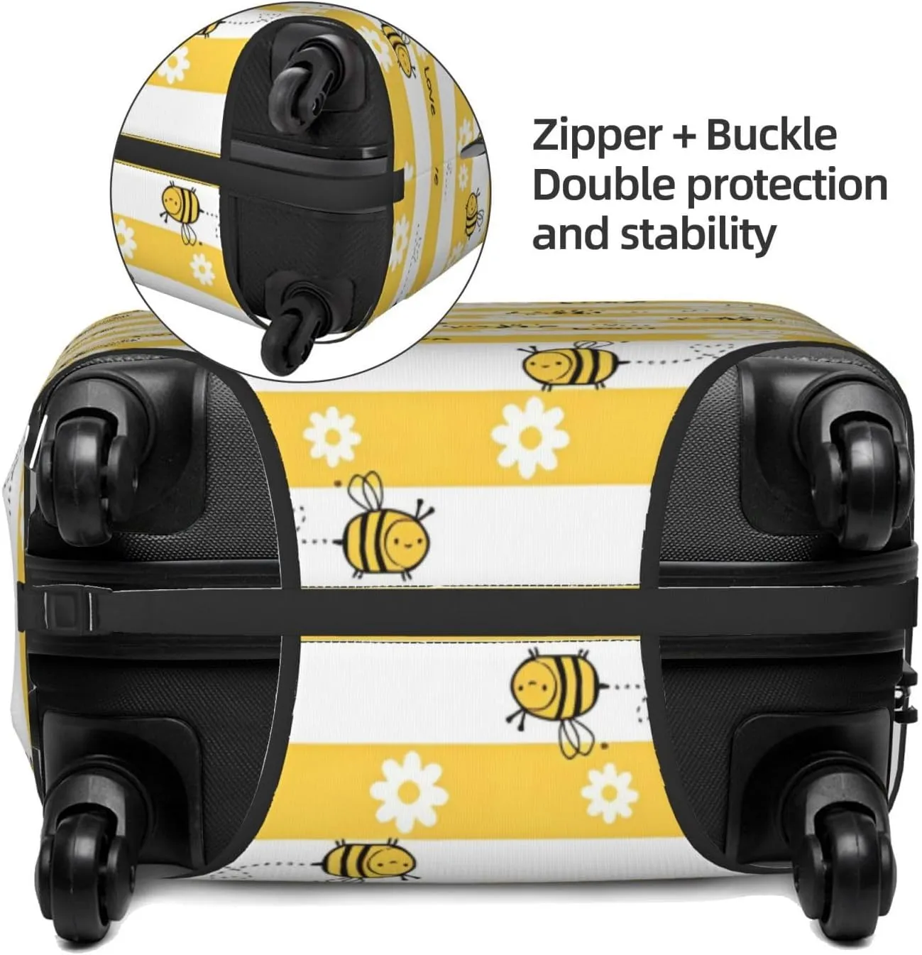 Travel Luggage Cover Suitcase Elastic Washable Stretch Daisy Flower Bees Yellow Striped Suitcase Protector Bag,Anti-Scratch Spandex Double-Sided Baggage Covers For Wheeled Suitcase Kid Adult