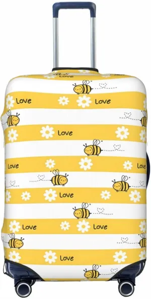 Travel Luggage Cover Suitcase Elastic Washable Stretch Daisy Flower Bees Yellow Striped Suitcase Protector Bag,Anti-Scratch Spandex Double-Sided Baggage Covers For Wheeled Suitcase Kid Adult