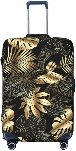 Travel Luggage Cover Suitcase Elastic Washable Stretch Luxury Gold Black Palm Leaves Suitcase Protector Bag,Anti-Scratch Spandex Double-Sided Baggage Covers For Wheeled Suitcase Kid Adult
