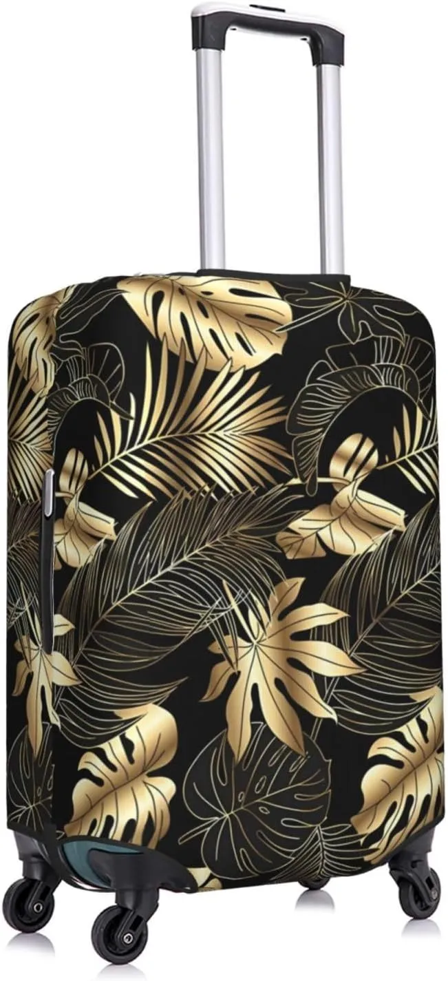 Travel Luggage Cover Suitcase Elastic Washable Stretch Luxury Gold Black Palm Leaves Suitcase Protector Bag,Anti-Scratch Spandex Double-Sided Baggage Covers For Wheeled Suitcase Kid Adult