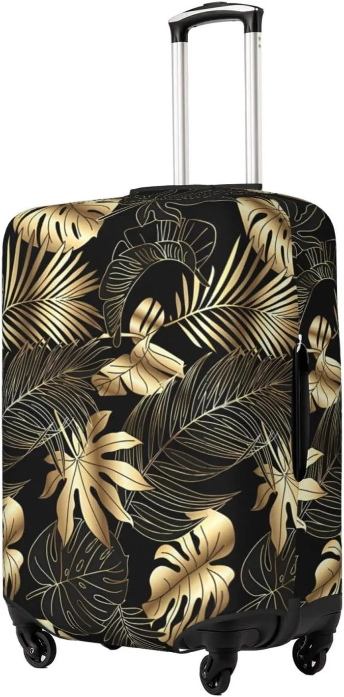 Travel Luggage Cover Suitcase Elastic Washable Stretch Luxury Gold Black Palm Leaves Suitcase Protector Bag,Anti-Scratch Spandex Double-Sided Baggage Covers For Wheeled Suitcase Kid Adult
