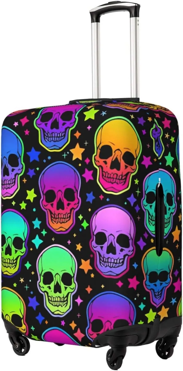 Travel Luggage Cover Suitcase Elastic Washable Stretch Neon Bright Skulls Stars Suitcase Protector Bag,Anti-Scratch Spandex Double-Sided Baggage Covers For Wheeled Suitcase Kid Adult