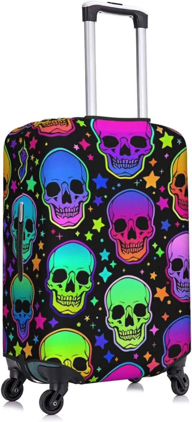 Travel Luggage Cover Suitcase Elastic Washable Stretch Neon Bright Skulls Stars Suitcase Protector Bag,Anti-Scratch Spandex Double-Sided Baggage Covers For Wheeled Suitcase Kid Adult