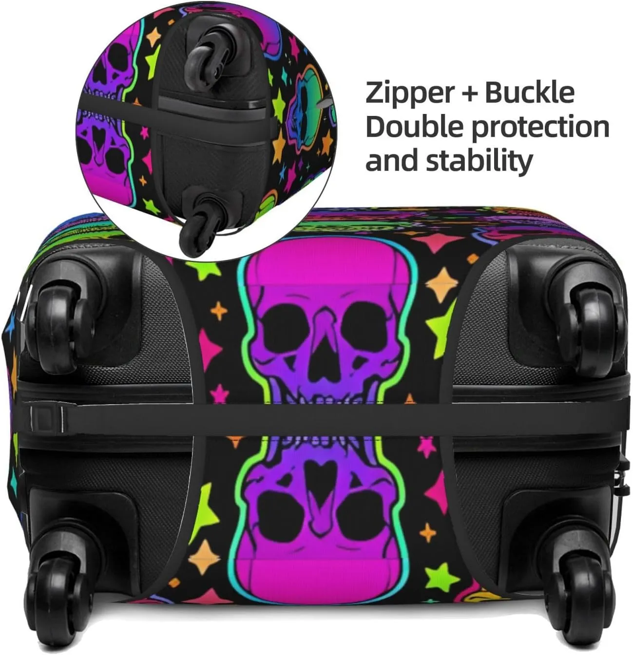 Travel Luggage Cover Suitcase Elastic Washable Stretch Neon Bright Skulls Stars Suitcase Protector Bag,Anti-Scratch Spandex Double-Sided Baggage Covers For Wheeled Suitcase Kid Adult