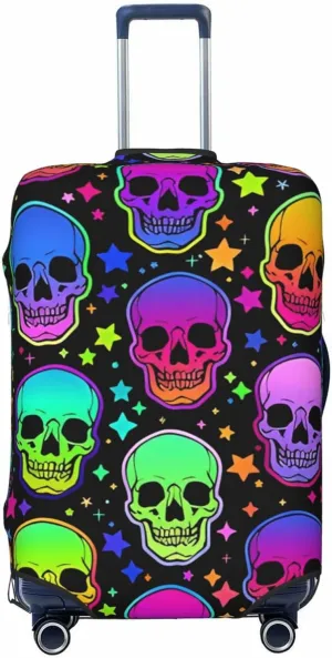 Travel Luggage Cover Suitcase Elastic Washable Stretch Neon Bright Skulls Stars Suitcase Protector Bag,Anti-Scratch Spandex Double-Sided Baggage Covers For Wheeled Suitcase Kid Adult