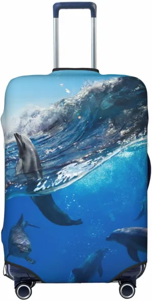Travel Luggage Cover Suitcase Elastic Washable Stretch Ocean World Dolphin Suitcase Protector Bag,Anti-Scratch Spandex Double-Sided Baggage Covers For Wheeled Suitcase Kid Adult