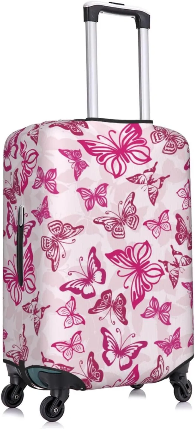Travel Luggage Cover Suitcase Elastic Washable Stretch Pink Butterflies Silhouettes Suitcase Protector Bag,Anti-Scratch Spandex Double-Sided Baggage Covers For Wheeled Suitcase Kid Adult