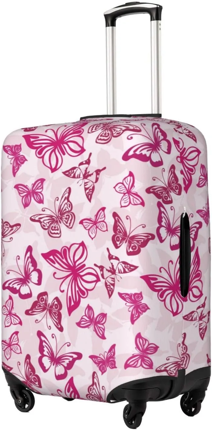 Travel Luggage Cover Suitcase Elastic Washable Stretch Pink Butterflies Silhouettes Suitcase Protector Bag,Anti-Scratch Spandex Double-Sided Baggage Covers For Wheeled Suitcase Kid Adult