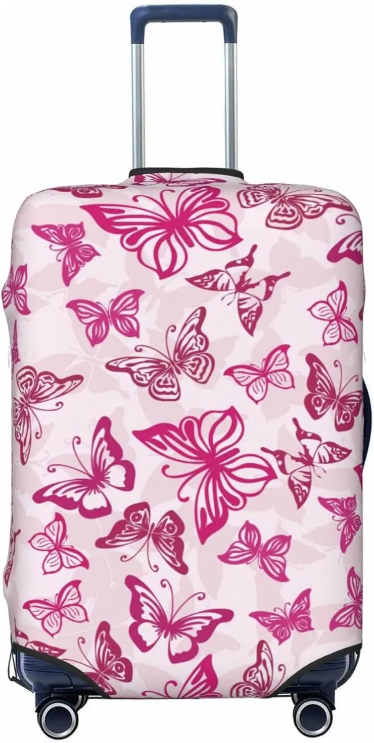 Travel Luggage Cover Suitcase Elastic Washable Stretch Pink Butterflies Silhouettes Suitcase Protector Bag,Anti-Scratch Spandex Double-Sided Baggage Covers For Wheeled Suitcase Kid Adult