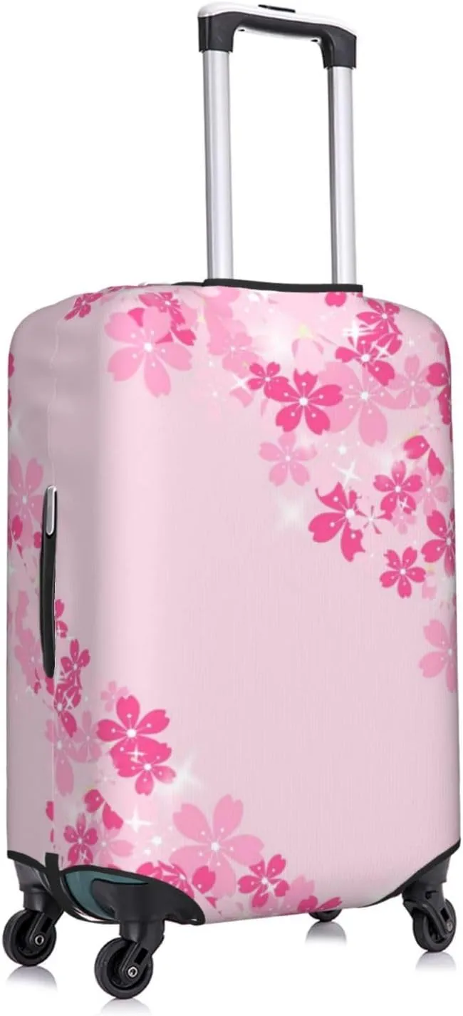 Travel Luggage Cover Suitcase Elastic Washable Stretch Pink Cherry Blossoms Border Suitcase Protector Bag,Anti-Scratch Spandex With Zipper Closure Baggage Covers For Wheeled Suitcase Kid Adult