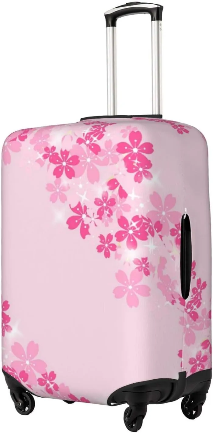 Travel Luggage Cover Suitcase Elastic Washable Stretch Pink Cherry Blossoms Border Suitcase Protector Bag,Anti-Scratch Spandex With Zipper Closure Baggage Covers For Wheeled Suitcase Kid Adult