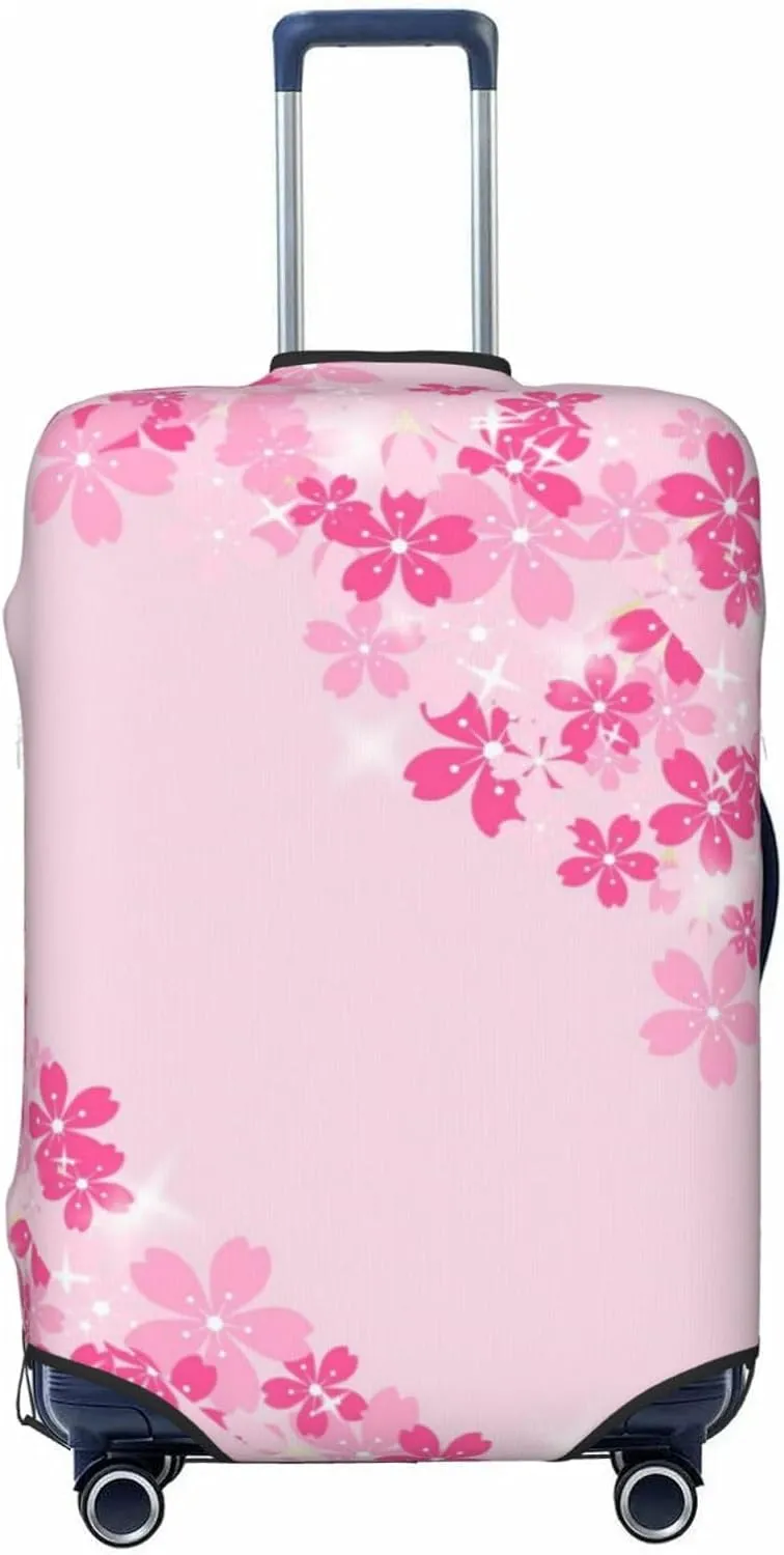 Travel Luggage Cover Suitcase Elastic Washable Stretch Pink Cherry Blossoms Border Suitcase Protector Bag,Anti-Scratch Spandex With Zipper Closure Baggage Covers For Wheeled Suitcase Kid Adult