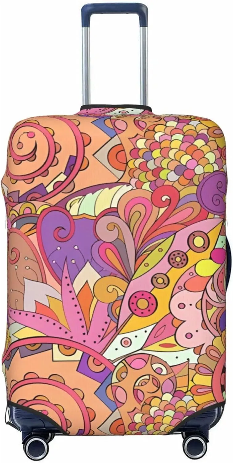 Travel Luggage Cover Suitcase Elastic Washable Stretch Psychedelic Ethnic Doodle Suitcase Protector Bag,Anti-Scratch Spandex With Zipper Closure Baggage Covers For Wheeled Suitcase Kid Adult