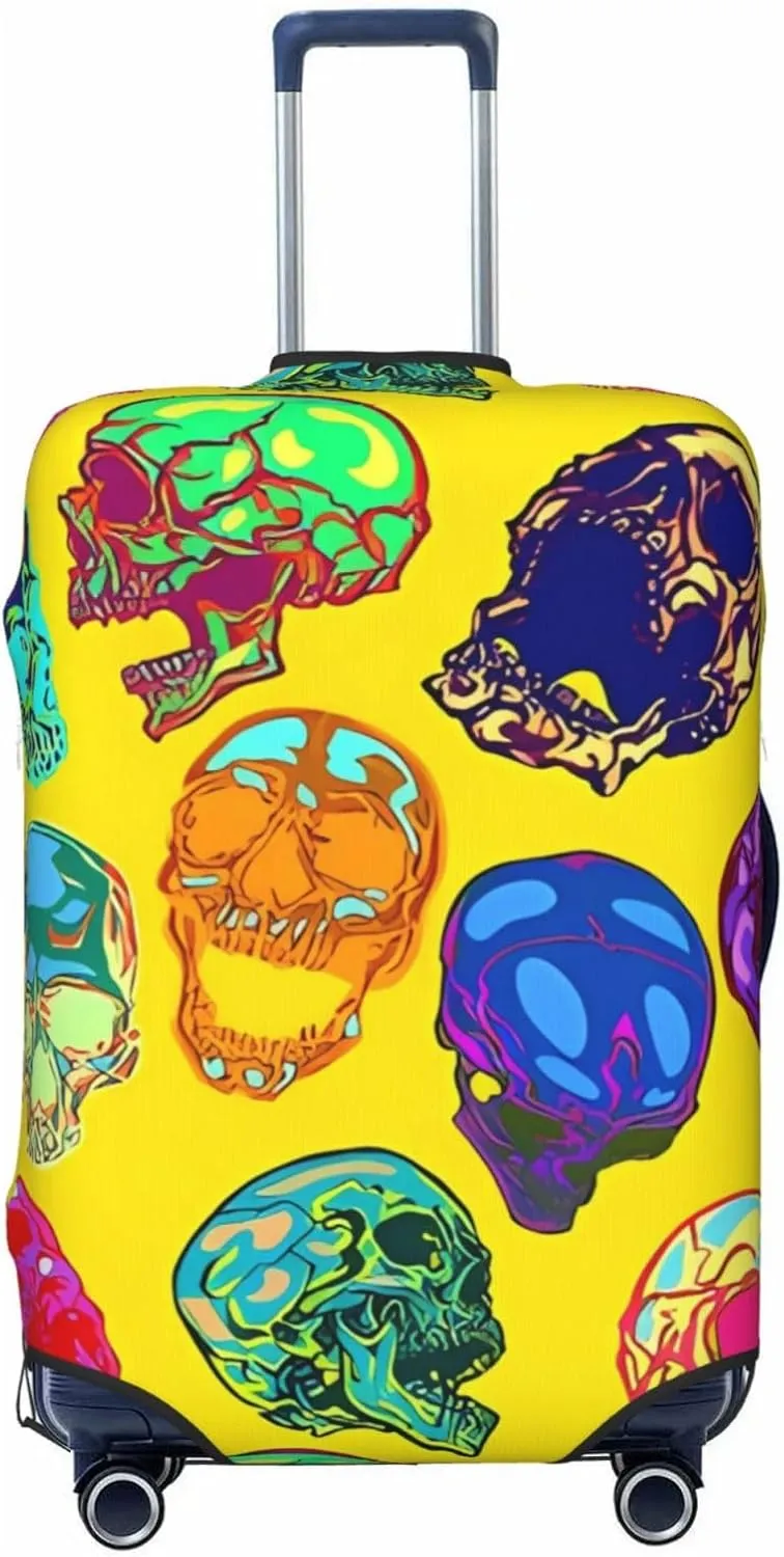 Travel Luggage Cover Suitcase Elastic Washable Stretch Psychedelic Skulls Yellow Suitcase Protector Bag,Anti-Scratch Dust-Proof Double-Sided Baggage Covers For Wheeled Suitcase Kid Adult