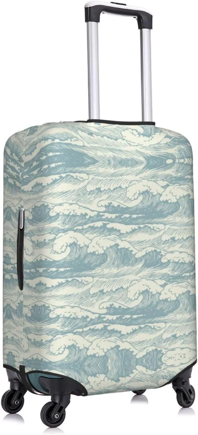 Travel Luggage Cover Suitcase Elastic Washable Stretch Retro Sea Waves Suitcase Protector Bag,Anti-Scratch Spandex Double-Sided Baggage Covers For Wheeled Suitcase Kid Adult