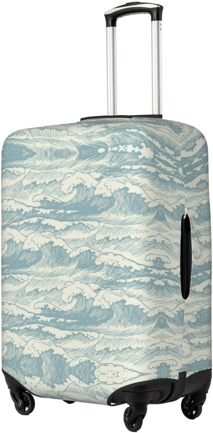 Travel Luggage Cover Suitcase Elastic Washable Stretch Retro Sea Waves Suitcase Protector Bag,Anti-Scratch Spandex Double-Sided Baggage Covers For Wheeled Suitcase Kid Adult