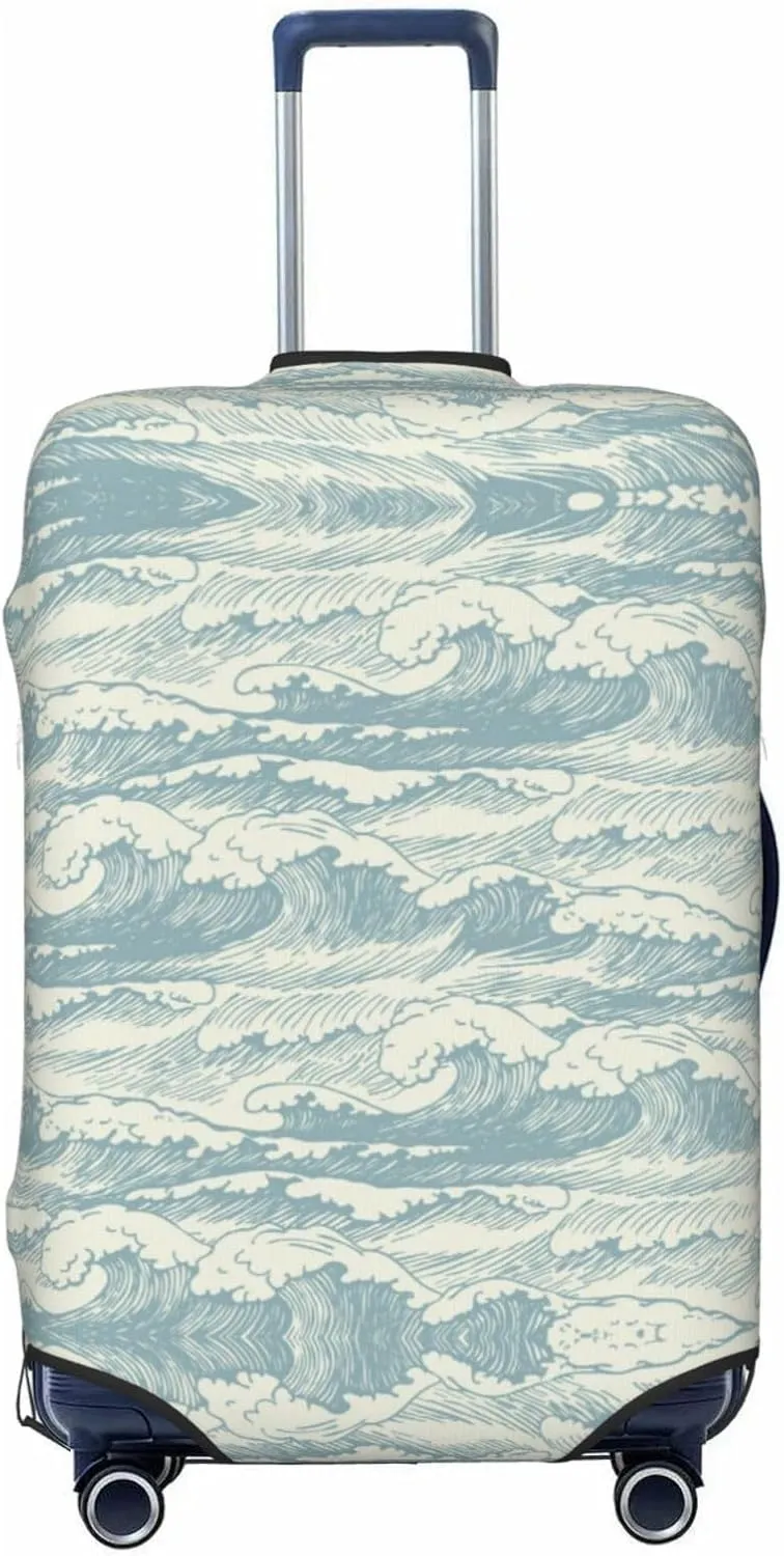 Travel Luggage Cover Suitcase Elastic Washable Stretch Retro Sea Waves Suitcase Protector Bag,Anti-Scratch Spandex Double-Sided Baggage Covers For Wheeled Suitcase Kid Adult