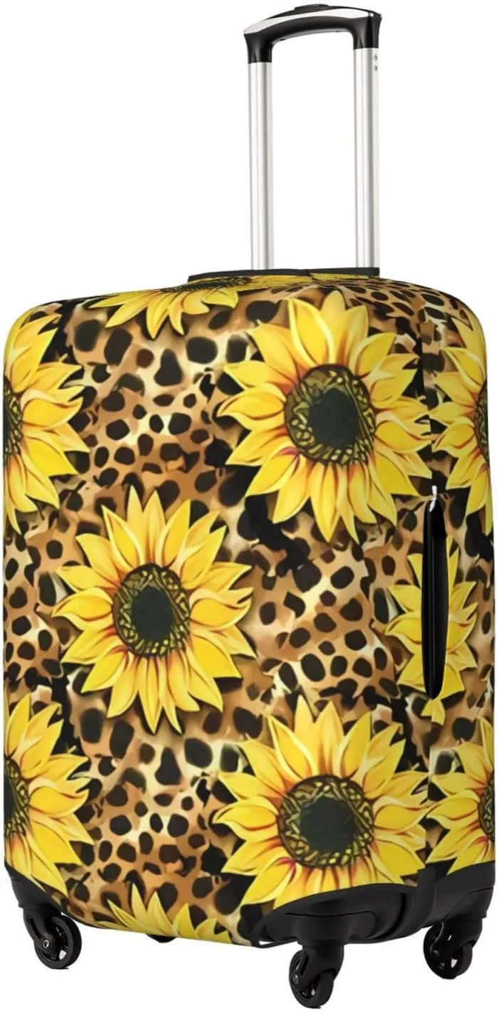 Travel Luggage Cover Suitcase Elastic Washable Stretch Sunflowers Leopard Print Suitcase Protector Bag,Anti-Scratch Spandex With Zipper Closure