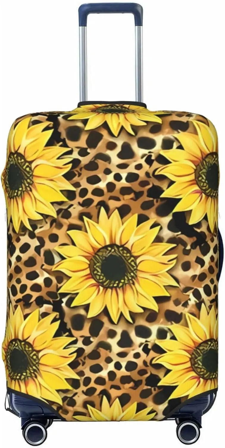 Travel Luggage Cover Suitcase Elastic Washable Stretch Sunflowers Leopard Print Suitcase Protector Bag,Anti-Scratch Spandex With Zipper Closure