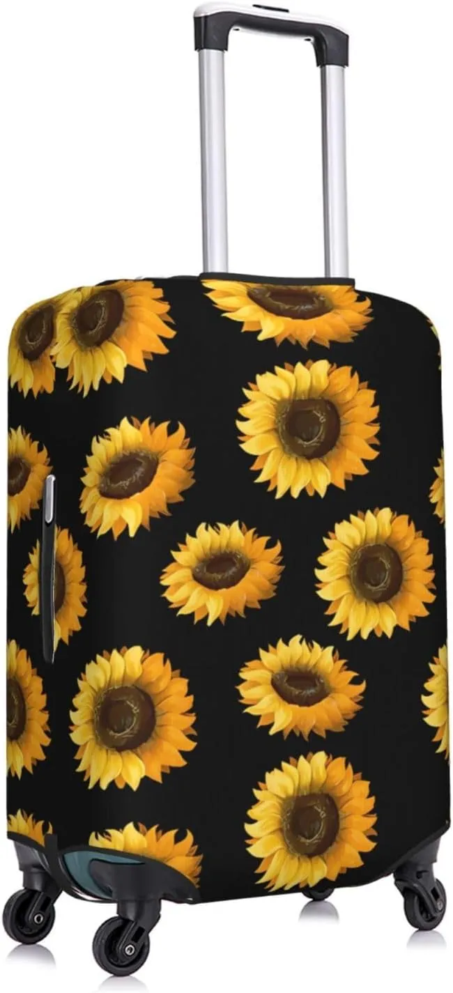 Travel Luggage Cover Suitcase Elastic Washable Stretch Sunflowers On Black Suitcase Protector Bag,Anti-Scratch Spandex Double-Sided Baggage Covers For Wheeled Suitcase Kid Adult