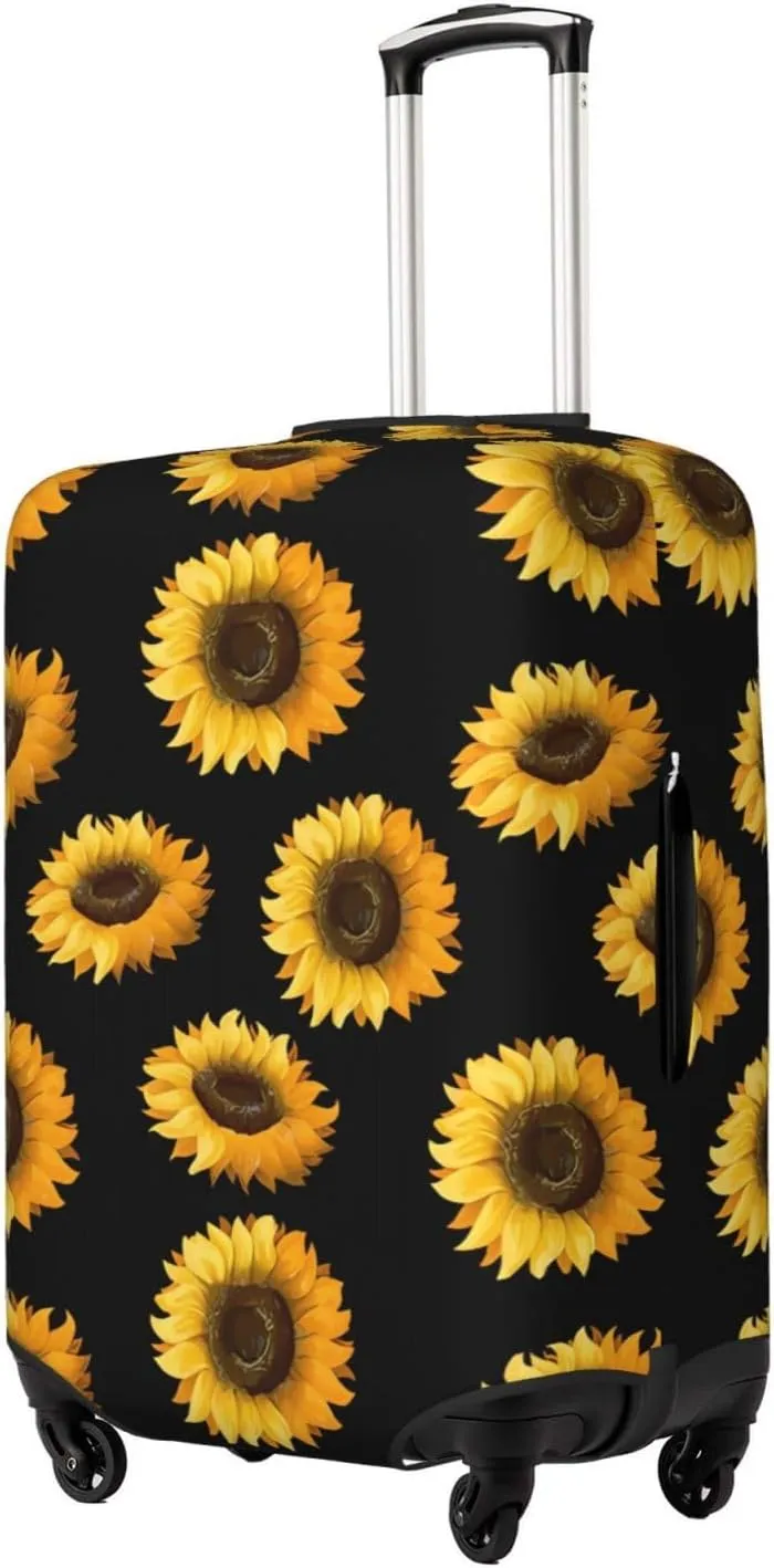 Travel Luggage Cover Suitcase Elastic Washable Stretch Sunflowers On Black Suitcase Protector Bag,Anti-Scratch Spandex Double-Sided Baggage Covers For Wheeled Suitcase Kid Adult
