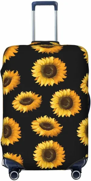 Travel Luggage Cover Suitcase Elastic Washable Stretch Sunflowers On Black Suitcase Protector Bag,Anti-Scratch Spandex Double-Sided Baggage Covers For Wheeled Suitcase Kid Adult