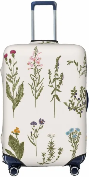 Travel Luggage Cover Suitcase Elastic Washable Stretch Vintage Herbs Wild Flowers Botany Suitcase Protector Bag,Anti-Scratch Dust-Proof With Zipper Closure