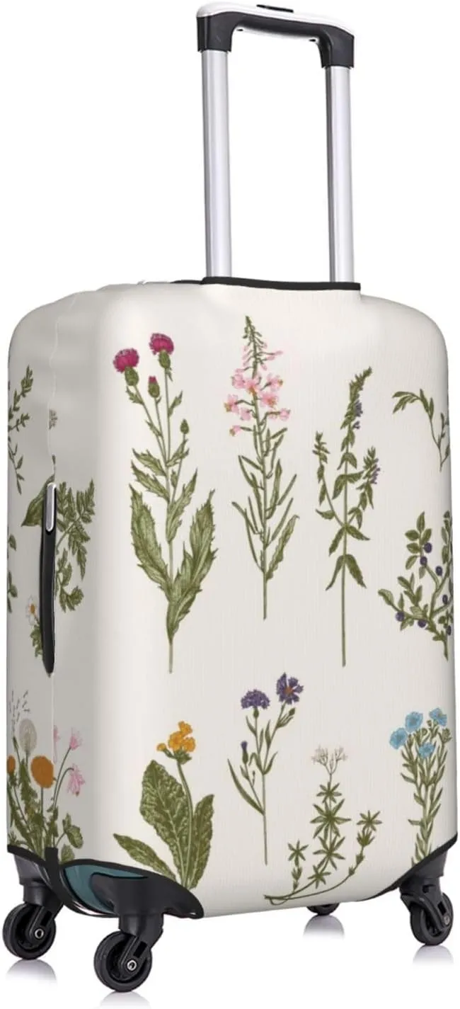 Travel Luggage Cover Suitcase Elastic Washable Stretch Vintage Herbs Wild Flowers Botany Suitcase Protector Bag,Anti-Scratch Dust-Proof With Zipper Closure