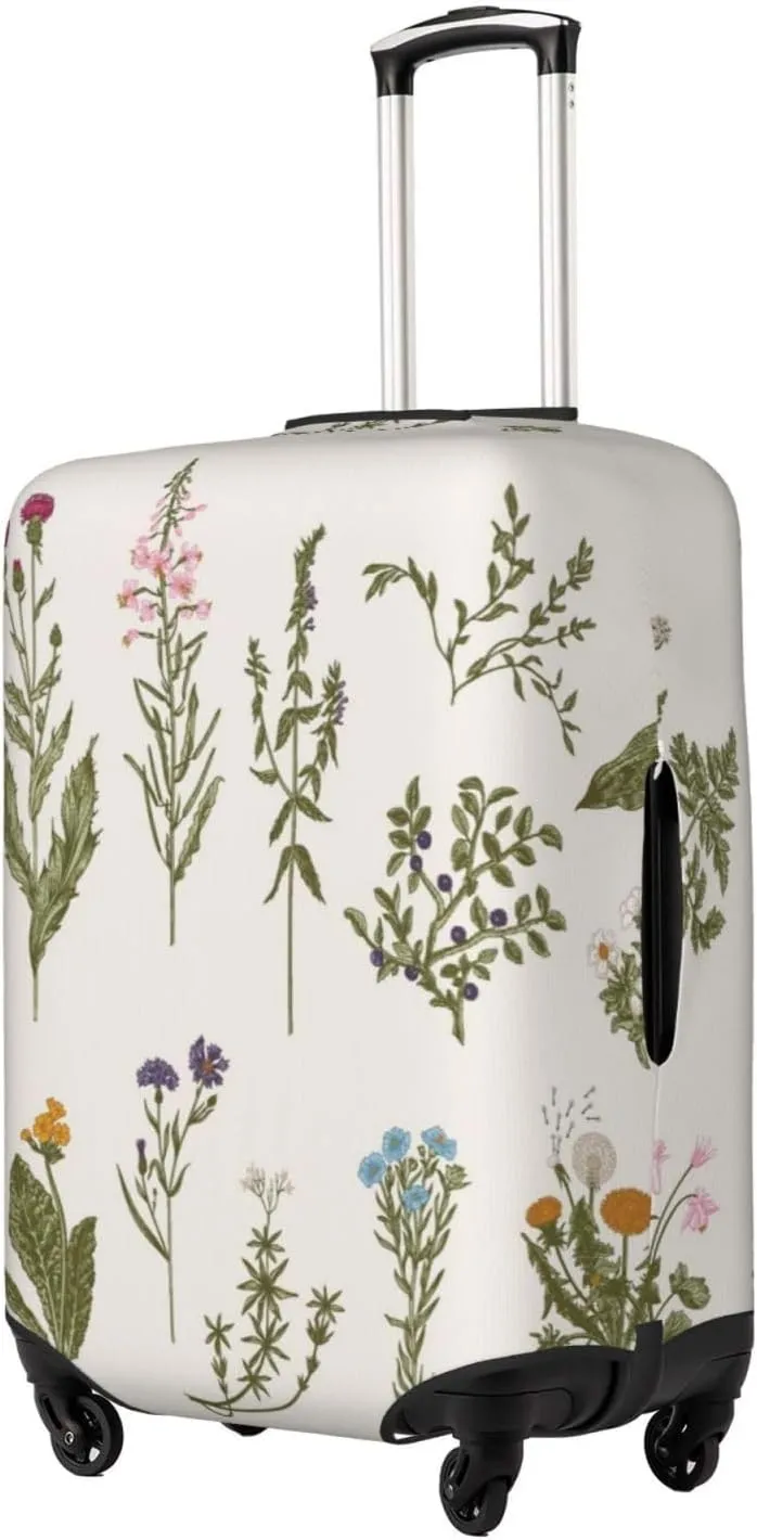Travel Luggage Cover Suitcase Elastic Washable Stretch Vintage Herbs Wild Flowers Botany Suitcase Protector Bag,Anti-Scratch Dust-Proof With Zipper Closure