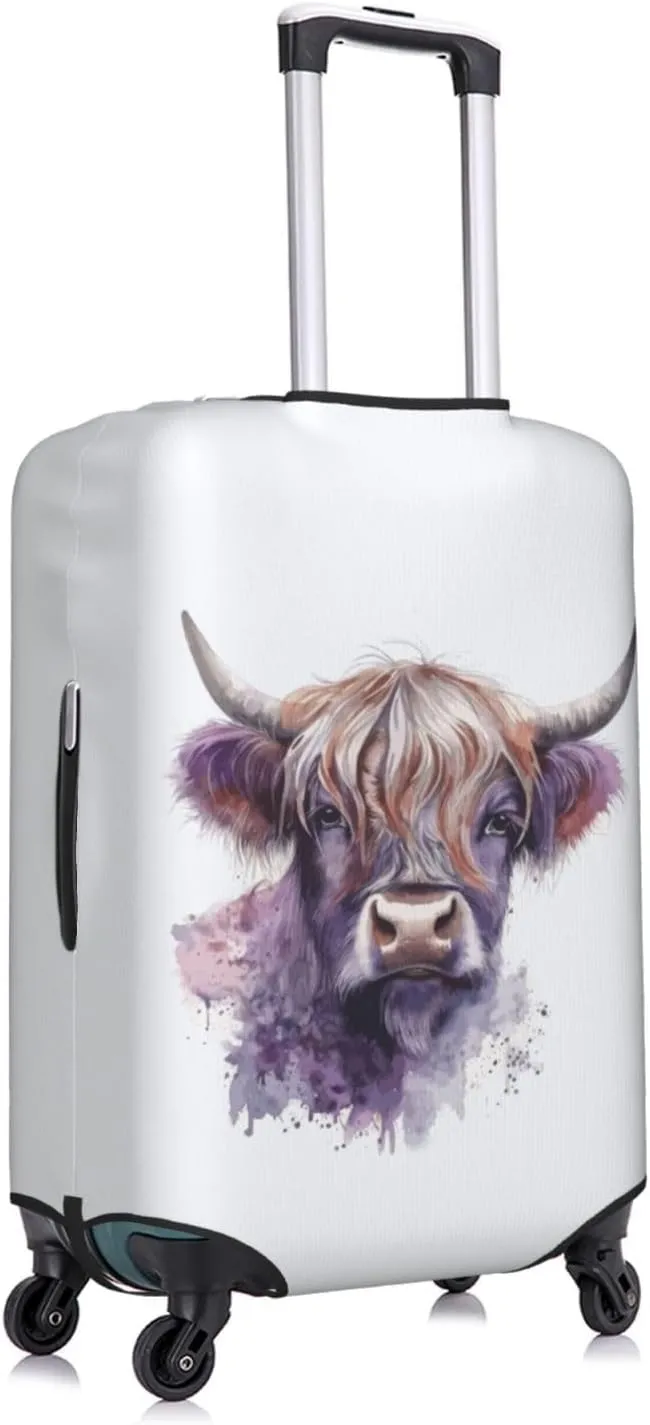 Travel Luggage Cover Suitcase Elastic Washable Stretch Watercolor Cute Highland Cow White Suitcase Protector Bag,Anti-Scratch Spandex Double-Sided Baggage Covers For Wheeled Suitcase Kid Adult