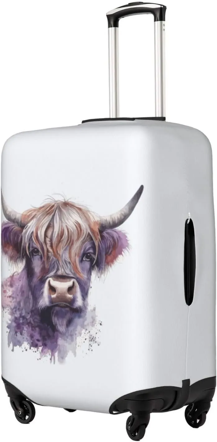 Travel Luggage Cover Suitcase Elastic Washable Stretch Watercolor Cute Highland Cow White Suitcase Protector Bag,Anti-Scratch Spandex Double-Sided Baggage Covers For Wheeled Suitcase Kid Adult