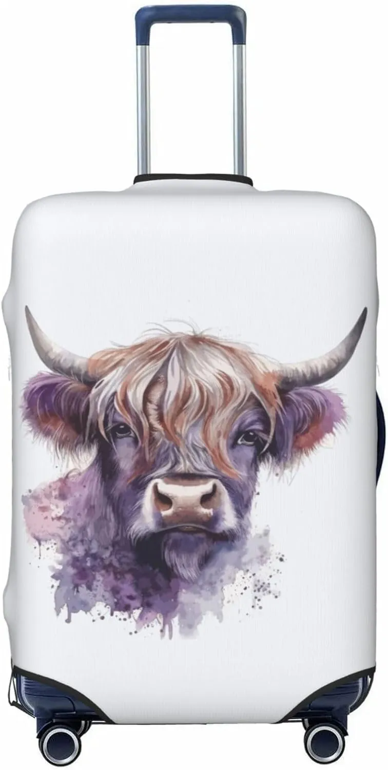 Travel Luggage Cover Suitcase Elastic Washable Stretch Watercolor Cute Highland Cow White Suitcase Protector Bag,Anti-Scratch Spandex Double-Sided Baggage Covers For Wheeled Suitcase Kid Adult