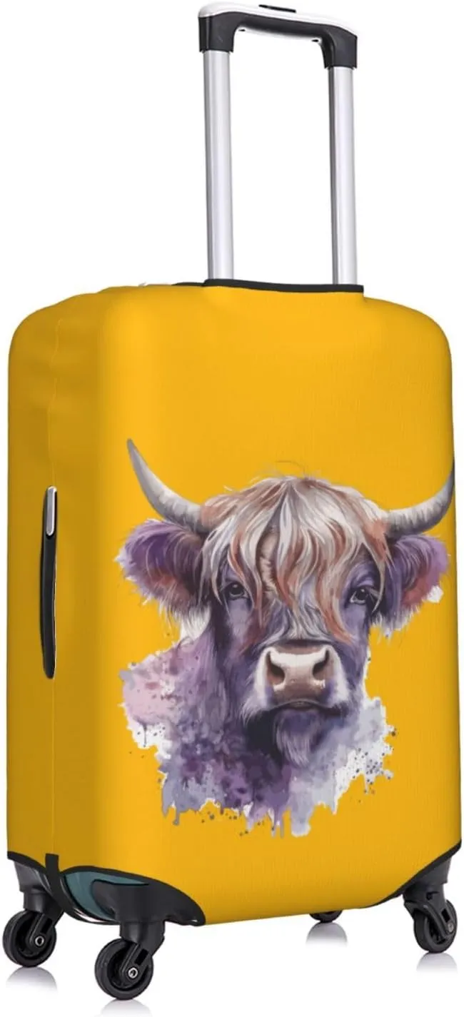 Travel Luggage Cover Suitcase Elastic Washable Stretch Watercolor Cute Highland Cow Yellow Suitcase Protector Bag,Anti-Scratch Spandex Double-Sided