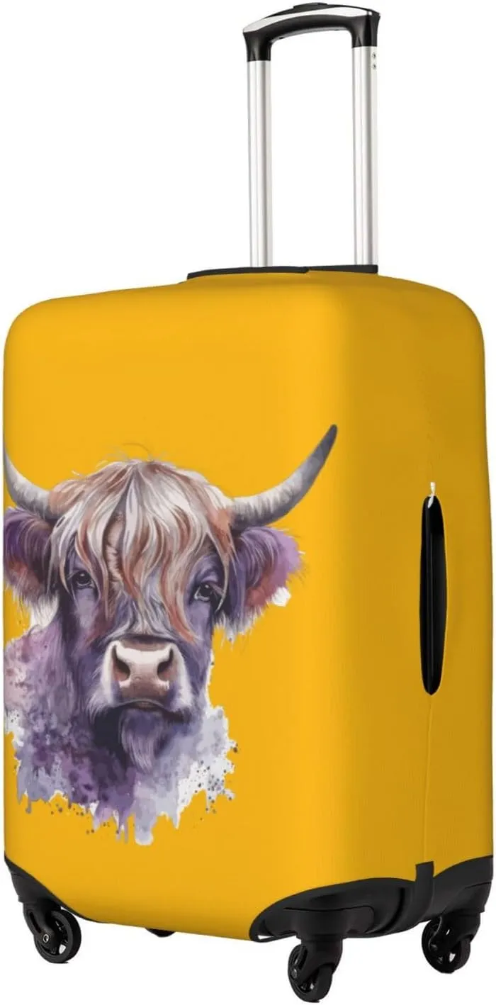 Travel Luggage Cover Suitcase Elastic Washable Stretch Watercolor Cute Highland Cow Yellow Suitcase Protector Bag,Anti-Scratch Spandex Double-Sided