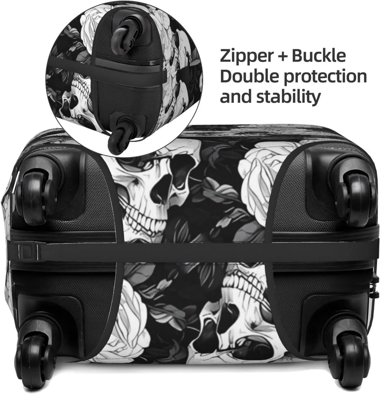 Travel Luggage Cover Suitcase Elastic Washable Stretch White Black Skulls Flowers Suitcase Protector Bag,Anti-Scratch Spandex With Zipper Closure Baggage Covers For Wheeled Suitcase Kid Adult