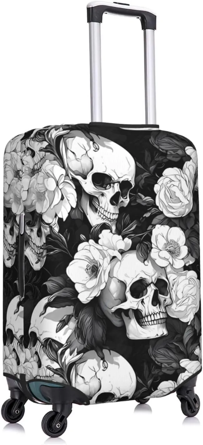 Travel Luggage Cover Suitcase Elastic Washable Stretch White Black Skulls Flowers Suitcase Protector Bag,Anti-Scratch Spandex With Zipper Closure Baggage Covers For Wheeled Suitcase Kid Adult