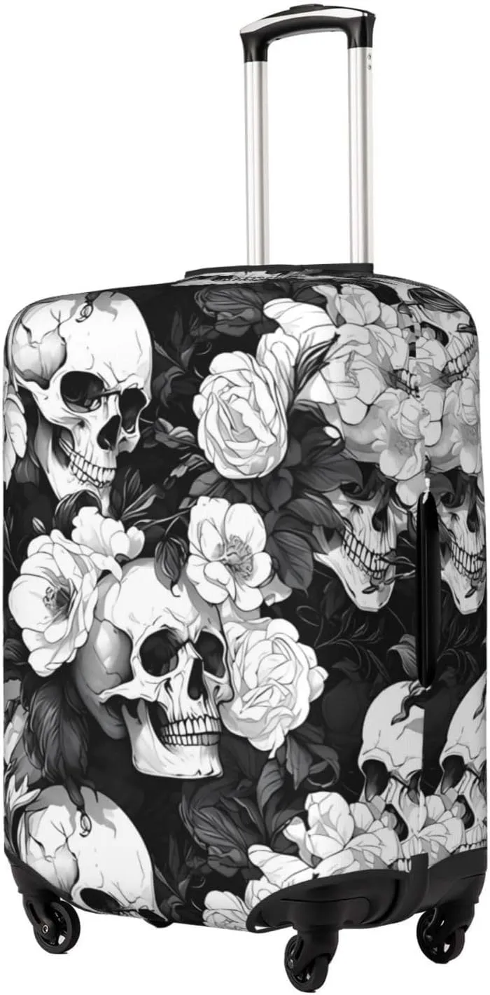 Travel Luggage Cover Suitcase Elastic Washable Stretch White Black Skulls Flowers Suitcase Protector Bag,Anti-Scratch Spandex With Zipper Closure Baggage Covers For Wheeled Suitcase Kid Adult