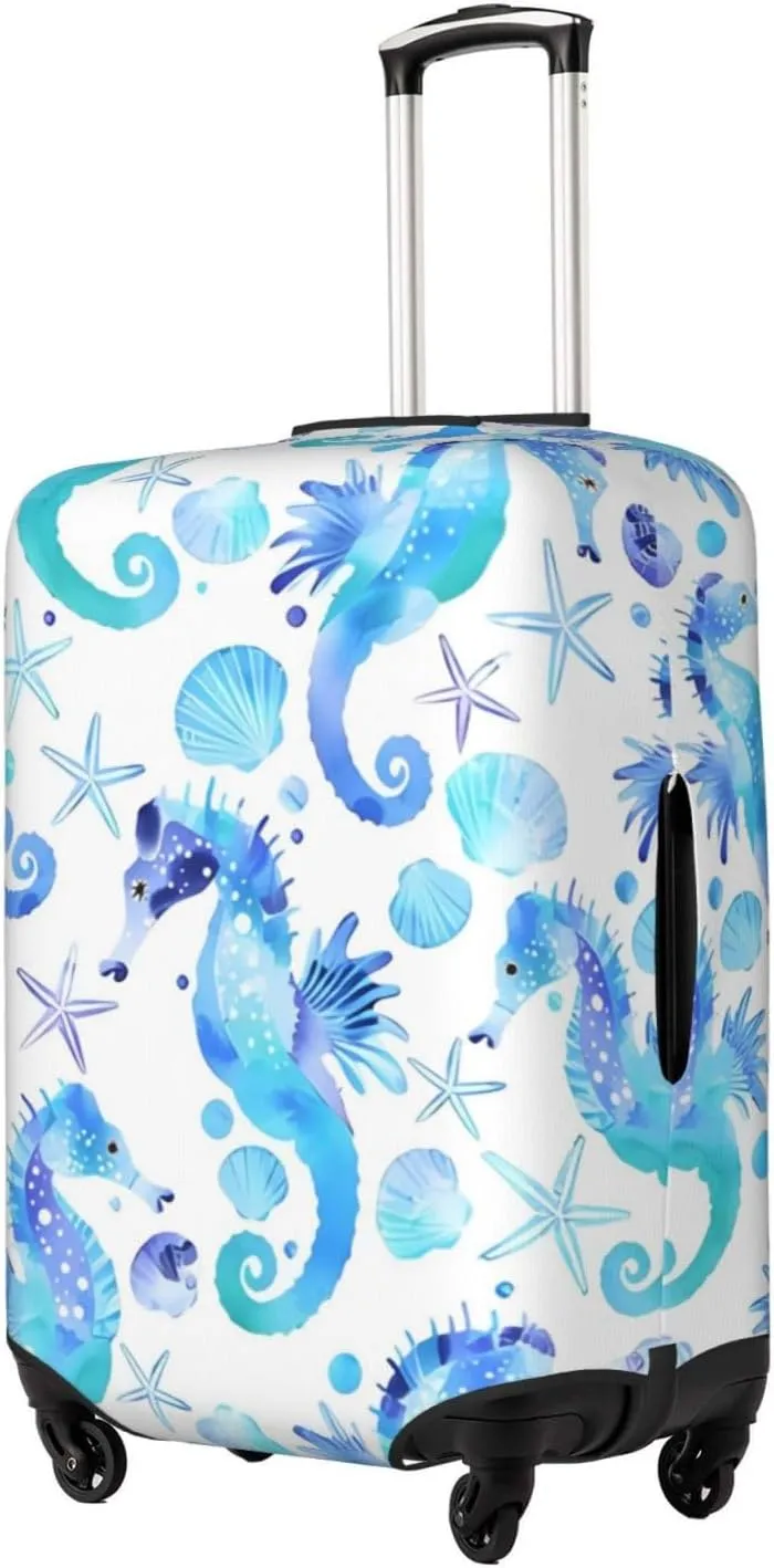 Travel Luggage Cover Suitcase Elastic Washable Watercolor Seahorses Starfishes Seashells Suitcase Protector Bag,Dust-Proof Double-Sided Baggage Covers For Kid Adult,Large