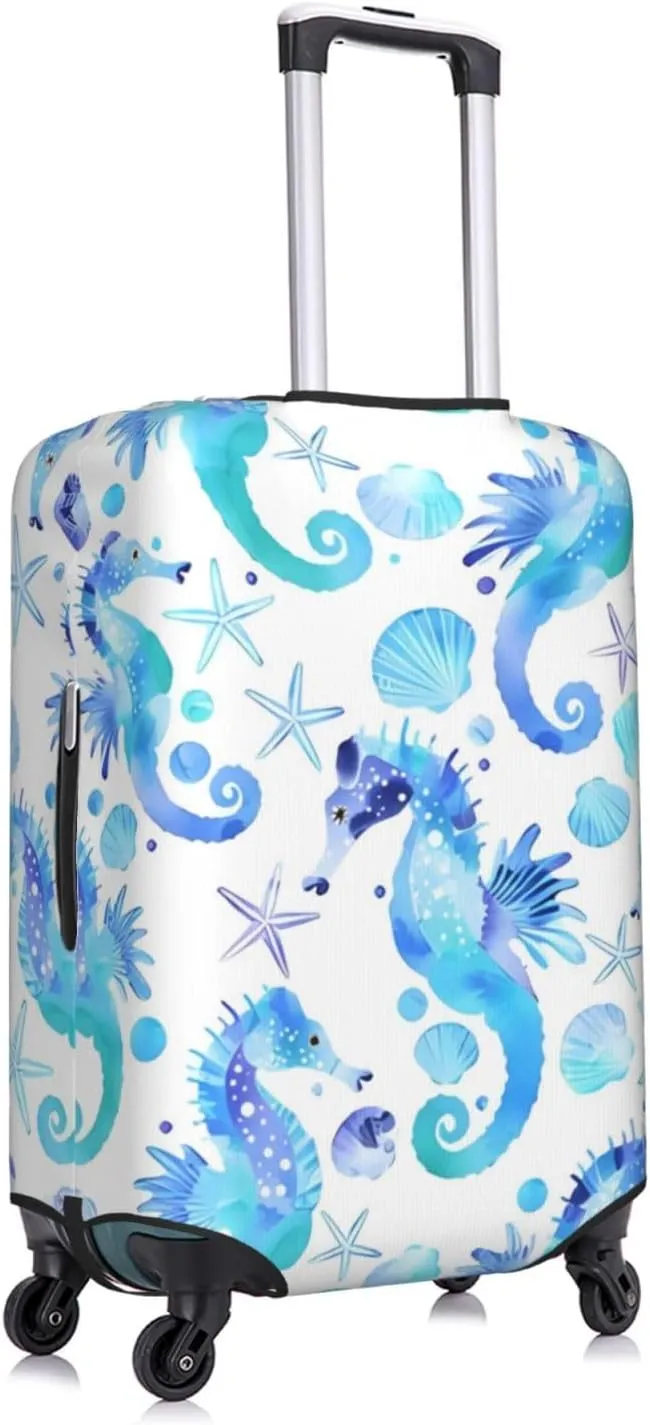Travel Luggage Cover Suitcase Elastic Washable Watercolor Seahorses Starfishes Seashells Suitcase Protector Bag,Dust-Proof Double-Sided Baggage Covers For Kid Adult,Large
