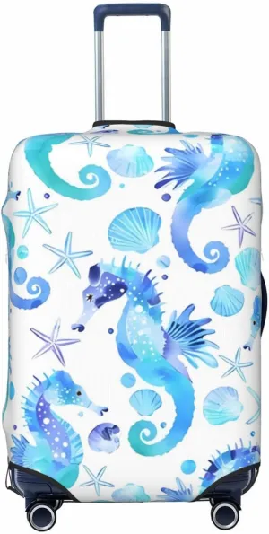 Travel Luggage Cover Suitcase Elastic Washable Watercolor Seahorses Starfishes Seashells Suitcase Protector Bag,Dust-Proof Double-Sided Baggage Covers For Kid Adult,Large