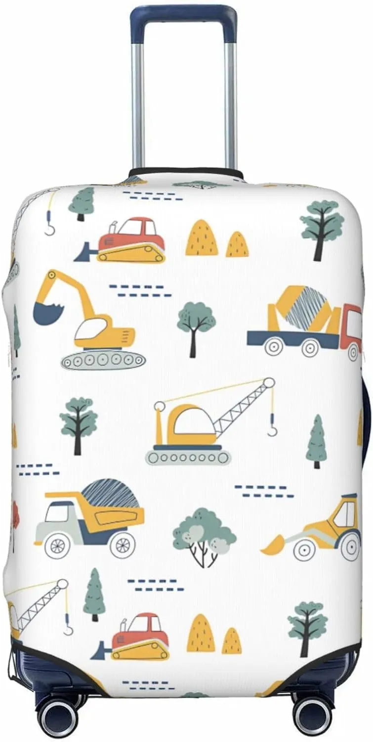 Travel Luggage Cover Suitcase Stretch Washable Cartoon Construction Vehicles Crane Excavator Suitcase Protector Bag,Spandex With Zipper Closure Baggage Covers,Large